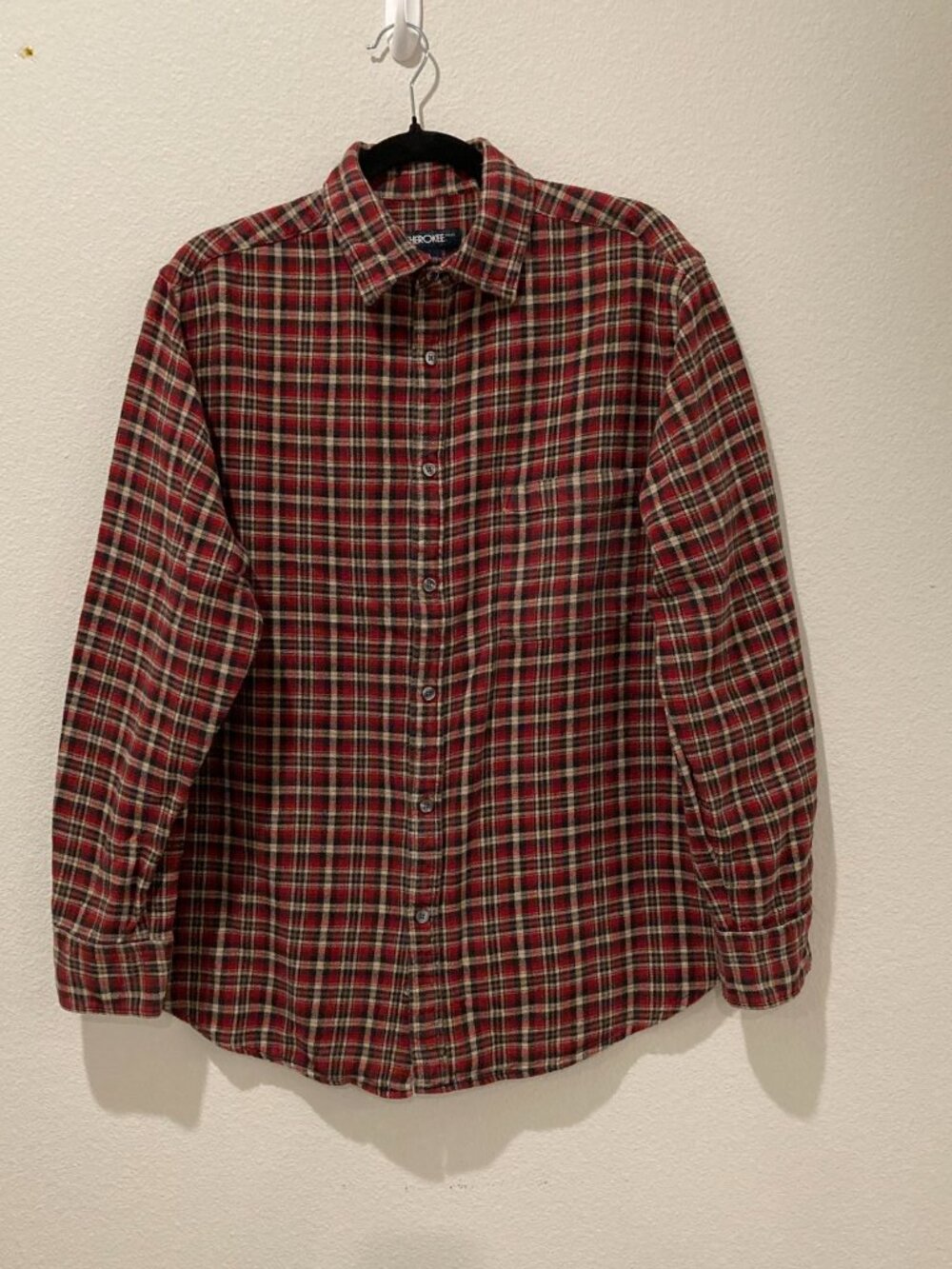 Cherokee Red Black White Plaid Flannel Button Down Shirt L